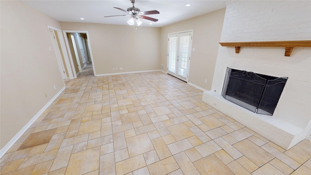 1410 Yarborough Dr, Sherman, TX 75092 - unfurnished living room with a ceiling fan, a brick fireplace, and recessed lighting