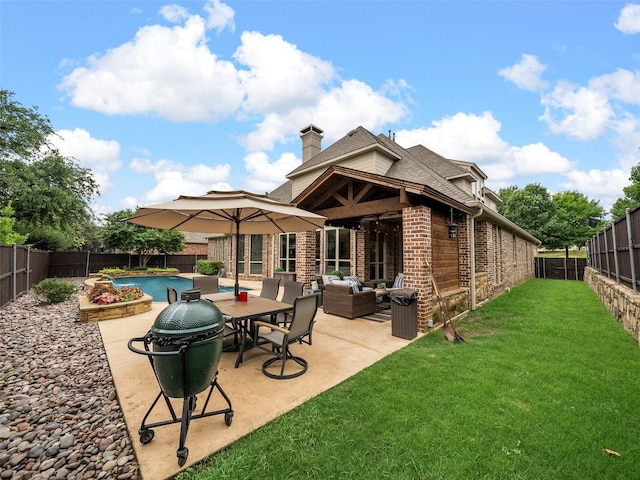 3309 Laurel Fork Dr, Mckinney, TX 75070 - back of house featuring brick siding, a fenced backyard, outdoor lounge area, a patio, and a shingled roof