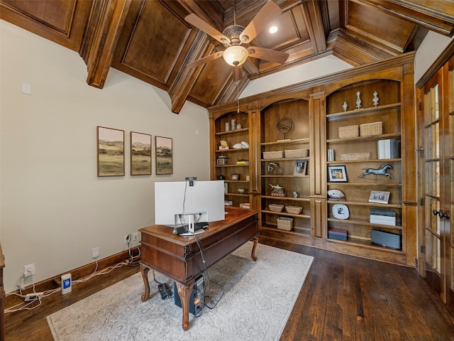 3309 Laurel Fork Dr, Mckinney, TX 75070 - office area with a ceiling fan, built in features, dark wood-type flooring, ornamental molding, and coffered ceiling