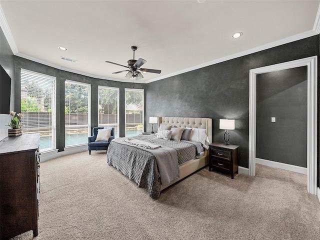 3309 Laurel Fork Dr, Mckinney, TX 75070 - carpeted bedroom featuring ornamental molding, recessed lighting, and a ceiling fan