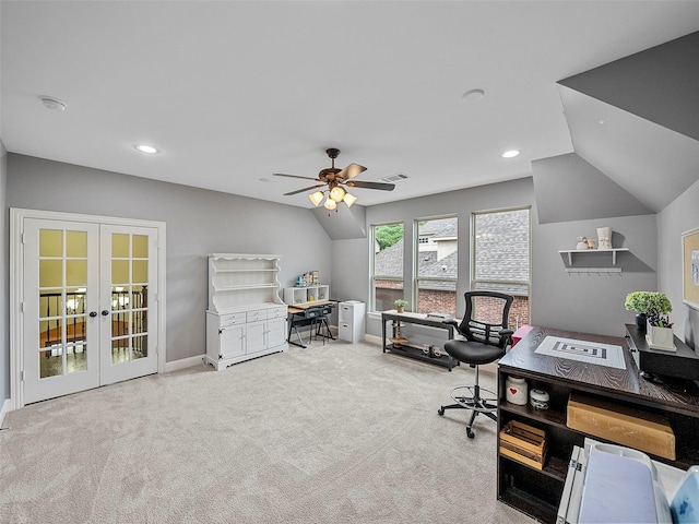 3309 Laurel Fork Dr, Mckinney, TX 75070 - office space with french doors, carpet, ceiling fan, vaulted ceiling, and recessed lighting