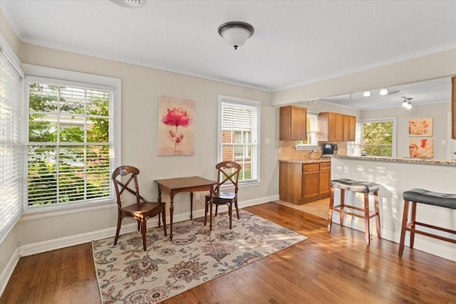 3605 Stadium Dr, Fort Worth, TX 76109 - dining space featuring ornamental molding, healthy amount of natural light, and light wood finished floors