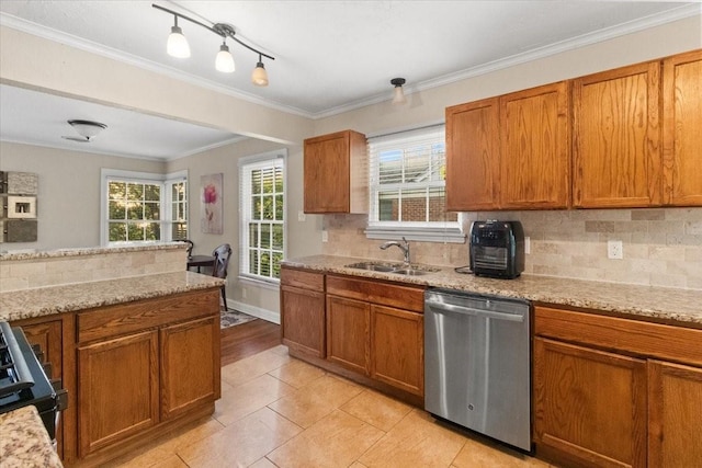 3605 Stadium Dr, Fort Worth, TX 76109 - kitchen featuring stainless steel dishwasher, brown cabinetry, backsplash, and ornamental molding
