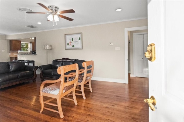 3605 Stadium Dr, Fort Worth, TX 76109 - living area with crown molding, wood finished floors, ceiling fan, and recessed lighting