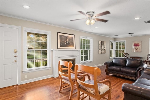 3605 Stadium Dr, Fort Worth, TX 76109 - living room with ornamental molding, healthy amount of natural light, a ceiling fan, a fireplace, and wood finished floors