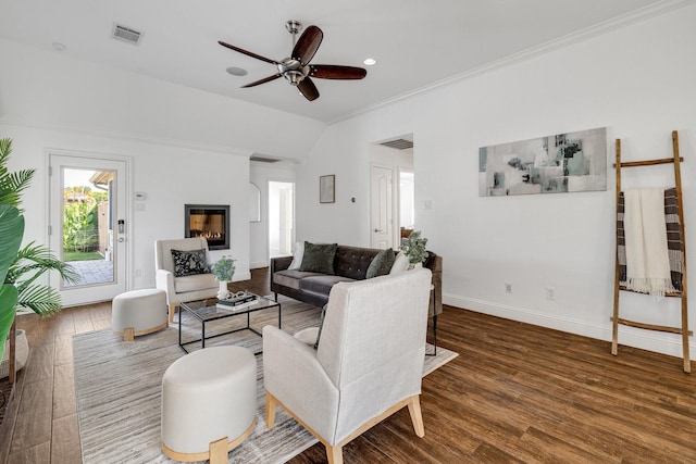 4901 Marcus Dr, Flower Mound, TX 75028 - living room featuring crown molding, plenty of natural light, wood finished floors, a ceiling fan, and vaulted ceiling