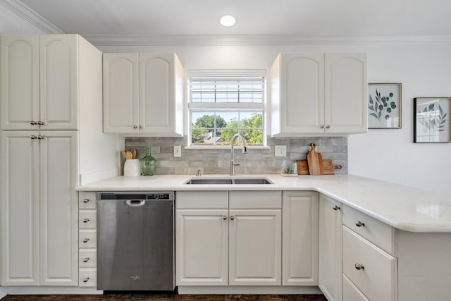 4901 Marcus Dr, Flower Mound, TX 75028 - kitchen with dishwasher, crown molding, backsplash, light countertops, and white cabinets
