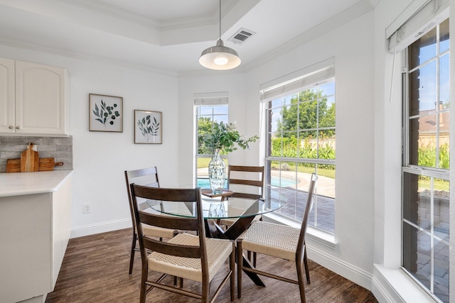 4901 Marcus Dr, Flower Mound, TX 75028 - dining area with dark wood finished floors, crown molding, and a tray ceiling