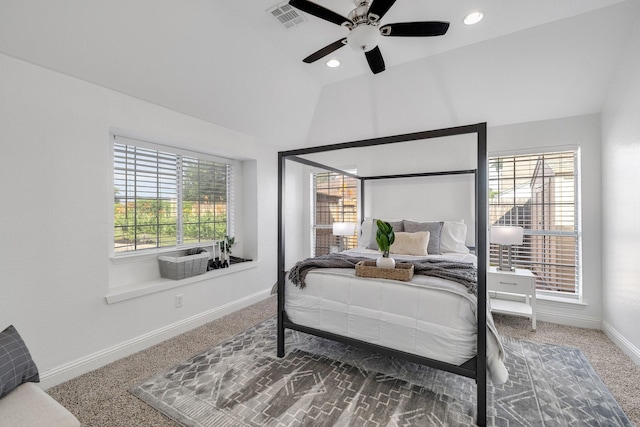 4901 Marcus Dr, Flower Mound, TX 75028 - carpeted bedroom featuring lofted ceiling, ceiling fan, and recessed lighting