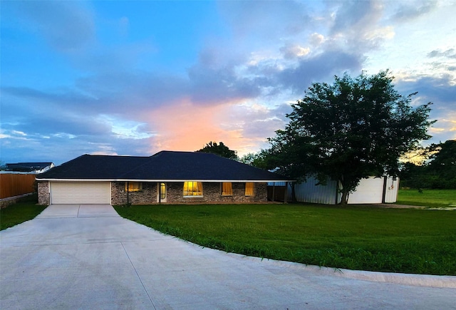 3714 Highland Rd, Melissa, TX 75454 - ranch-style house with a garage, concrete driveway, a yard, and stone siding