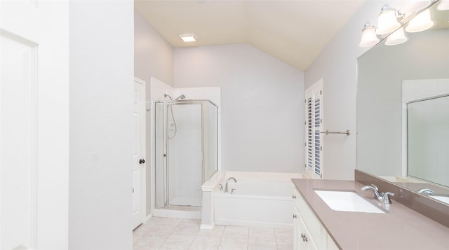 2512 Woodhaven Dr, Flower Mound, TX 75028 - bathroom with a bath, vanity, a shower stall, and vaulted ceiling