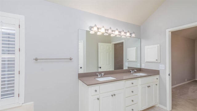 2512 Woodhaven Dr, Flower Mound, TX 75028 - full bathroom with double vanity and vaulted ceiling