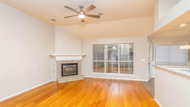 2512 Woodhaven Dr, Flower Mound, TX 75028 - unfurnished living room with a fireplace, wood finished floors, a ceiling fan, and lofted ceiling