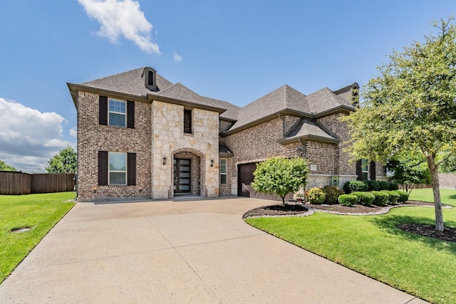 407 Emerson Dr, Rockwall, TX 75087 - french country style house featuring stone siding, driveway, brick siding, and roof with shingles