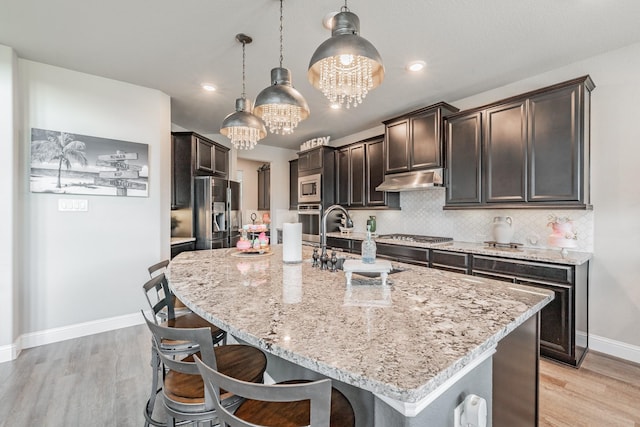 407 Emerson Dr, Rockwall, TX 75087 - kitchen with appliances with stainless steel finishes, light wood-type flooring, dark brown cabinetry, under cabinet range hood, and light stone counters
