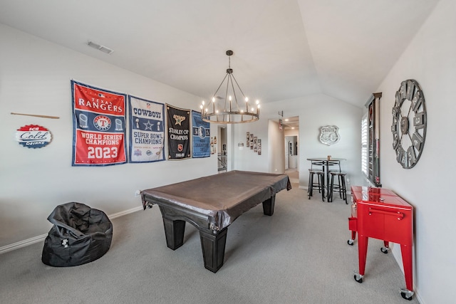 407 Emerson Dr, Rockwall, TX 75087 - recreation room with billiards, carpet, vaulted ceiling, and a chandelier
