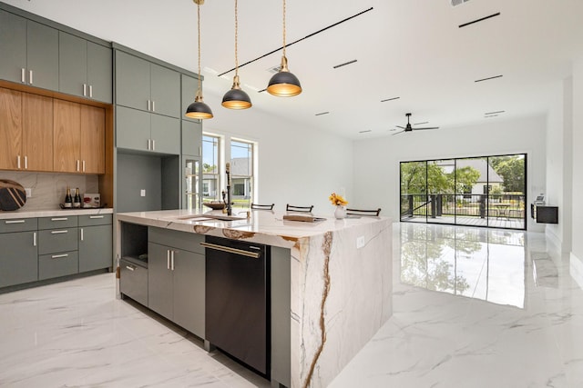 1022 Bow St, Rockwall, TX 75087 - kitchen featuring light marble finish flooring, black dishwasher, healthy amount of natural light, and light stone counters