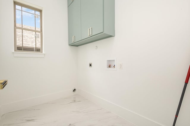 1022 Bow St, Rockwall, TX 75087 - laundry room featuring cabinet space, marble finish floors, hookup for an electric dryer, and washer hookup