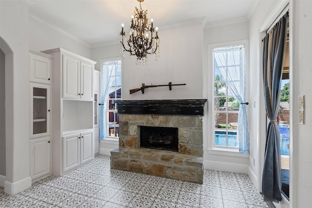 2305 Castle Creek Dr, Mansfield, TX 76063 - unfurnished living room with plenty of natural light, a chandelier, arched walkways, and crown molding