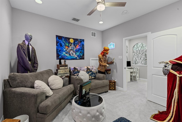 2305 Castle Creek Dr, Mansfield, TX 76063 - living area featuring carpet floors, a ceiling fan, and recessed lighting