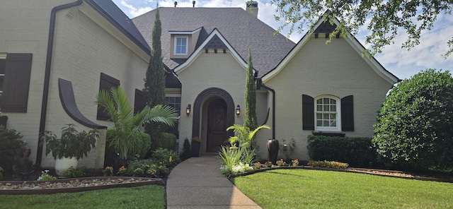 2305 Castle Creek Dr, Mansfield, TX 76063 - view of front of property featuring a front yard, brick siding, a chimney, and a shingled roof