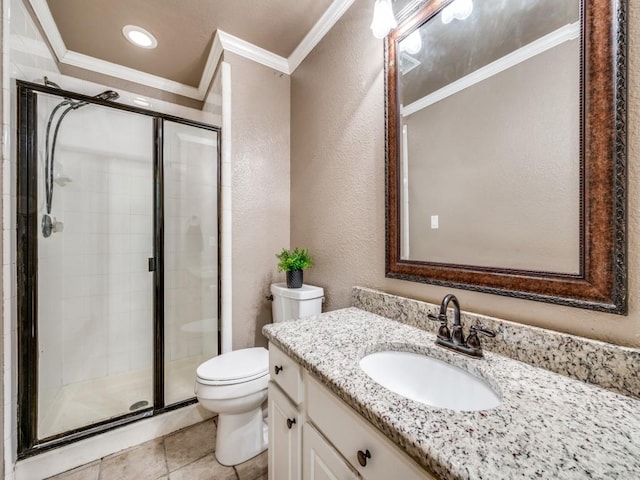 1721 Cross Point Rd, Mckinney, TX 75070 - full bathroom featuring crown molding, vanity, a stall shower, a textured wall, and tile patterned floors