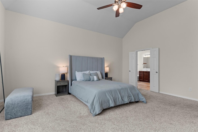 5201 Datewood Ln, Mckinney, TX 75071 - carpeted bedroom with high vaulted ceiling, ensuite bath, and ceiling fan