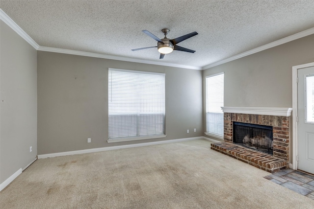 7504 Lomo Alto, Plano, TX 75024 - unfurnished living room featuring carpet, a fireplace, ornamental molding, ceiling fan, and a textured ceiling