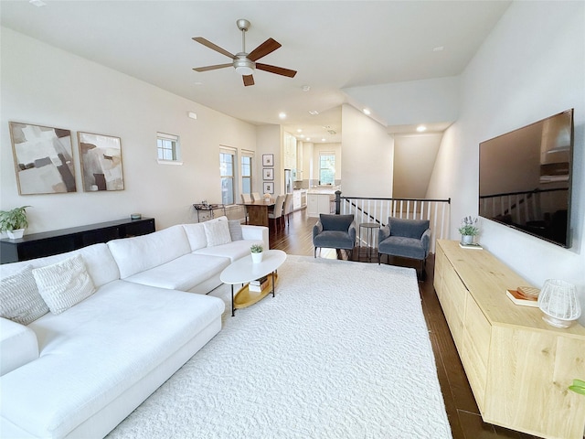 5339 Holland Ave, Dallas, TX 75209 - living area with dark wood-style flooring, a ceiling fan, and recessed lighting