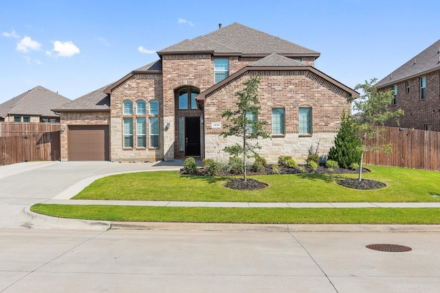 3680 Twin Pines Dr, Grand Prairie, TX 76065 - french provincial home with brick siding, a garage, roof with shingles, and concrete driveway