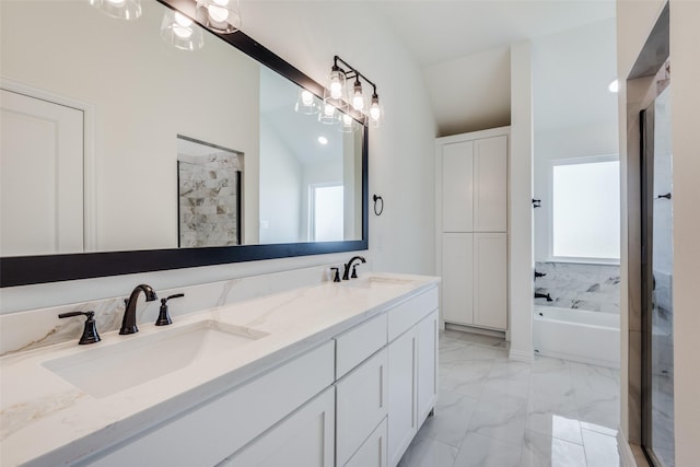 1444 N Carolina Ave, Lancaster, TX 75134 - full bath featuring plenty of natural light, double vanity, a bath, and tiled shower