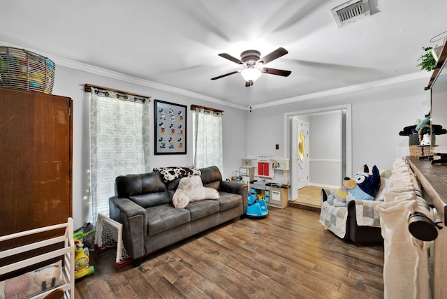 112 Rolling Meadow Ln, Bossier City, LA 71112 - living room with a ceiling fan, wood finished floors, and crown molding