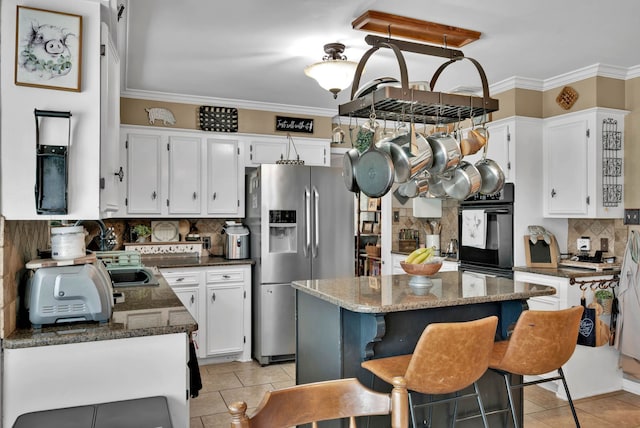 112 Rolling Meadow Ln, Bossier City, LA 71112 - kitchen with stainless steel refrigerator with ice dispenser, decorative backsplash, light tile patterned flooring, white cabinetry, and ornamental molding