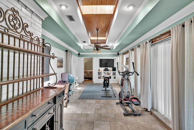 112 Rolling Meadow Ln, Bossier City, LA 71112 - workout area featuring a tray ceiling, ceiling fan, and wood ceiling