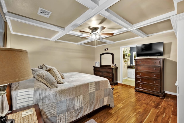 112 Rolling Meadow Ln, Bossier City, LA 71112 - bedroom with coffered ceiling, wood finished floors, beam ceiling, and a ceiling fan