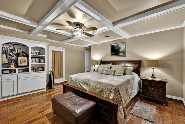 112 Rolling Meadow Ln, Bossier City, LA 71112 - bedroom with coffered ceiling, wood finished floors, beam ceiling, and ceiling fan