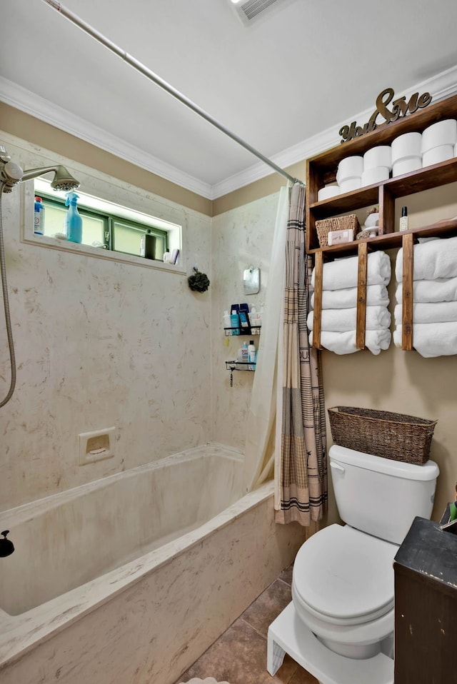 112 Rolling Meadow Ln, Bossier City, LA 71112 - bathroom with a combined bath / shower with marble appearance, tile patterned floors, ornamental molding, and vanity