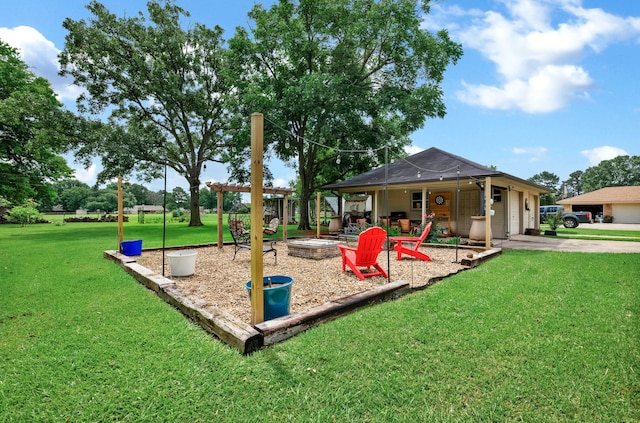 112 Rolling Meadow Ln, Bossier City, LA 71112 - view of playground featuring a yard, an outdoor fire pit, and a pergola