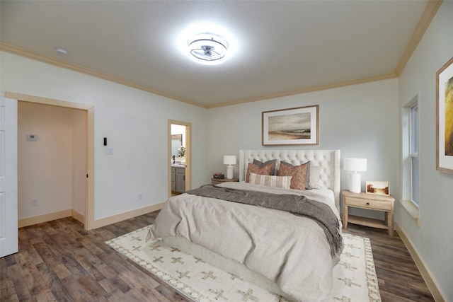 2621 Canton Dr, Fort Worth, TX 76112 - bedroom featuring crown molding, dark wood finished floors, and ensuite bath