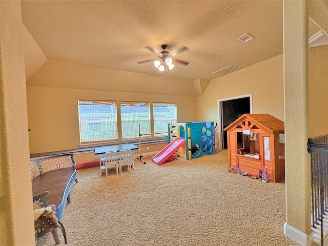 14249 Fall Harvest Dr, Frisco, TX 75033 - game room with ceiling fan, carpet, and a textured ceiling