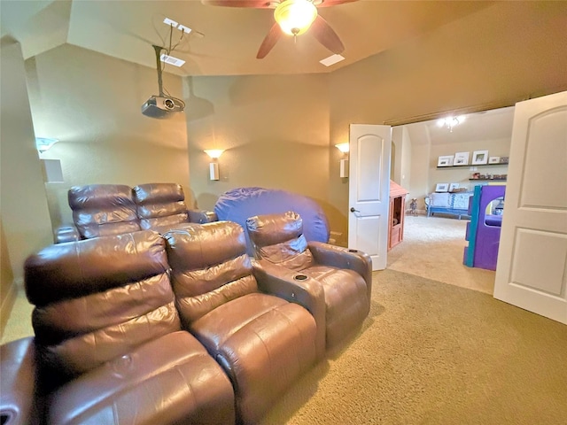 14249 Fall Harvest Dr, Frisco, TX 75033 - home theater room with carpet flooring, ceiling fan, and vaulted ceiling