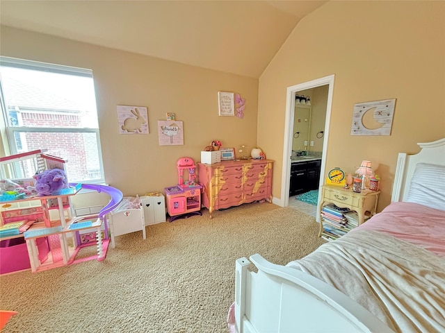 14249 Fall Harvest Dr, Frisco, TX 75033 - carpeted bedroom with lofted ceiling and ensuite bathroom