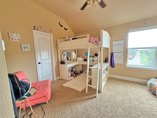 14249 Fall Harvest Dr, Frisco, TX 75033 - carpeted bedroom with vaulted ceiling and a ceiling fan