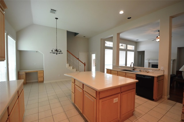 1120 Surrey Ln, Allen, TX 75013 - kitchen featuring dishwasher, light countertops, light tile patterned floors, open floor plan, and a center island