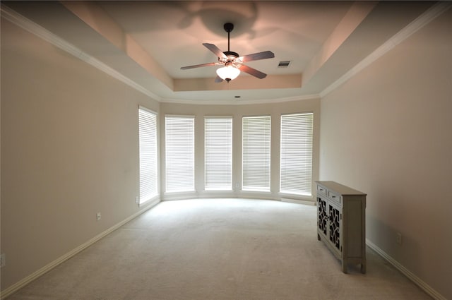 1120 Surrey Ln, Allen, TX 75013 - unfurnished room with ceiling fan, light carpet, and a tray ceiling