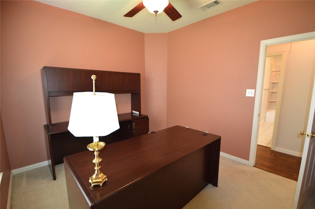 1120 Surrey Ln, Allen, TX 75013 - home office featuring ceiling fan and light colored carpet