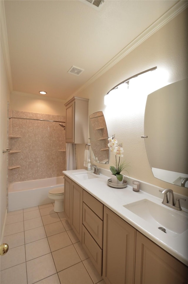 1120 Surrey Ln, Allen, TX 75013 - full bathroom featuring double vanity, ornamental molding, tile patterned flooring, and shower / washtub combination