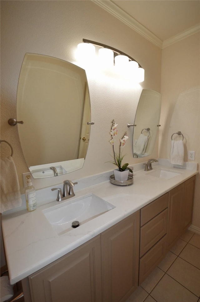 1120 Surrey Ln, Allen, TX 75013 - bathroom with double vanity, ornamental molding, and tile patterned floors