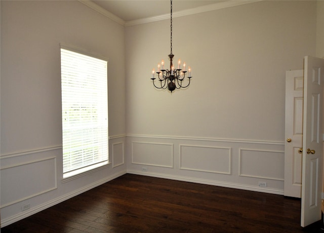 1120 Surrey Ln, Allen, TX 75013 - empty room with dark wood-style flooring, a chandelier, crown molding, and a wainscoted wall