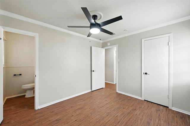 324 Jasmine Ct, Burleson, TX 76028 - unfurnished bedroom featuring wood finished floors, ornamental molding, ceiling fan, and connected bathroom